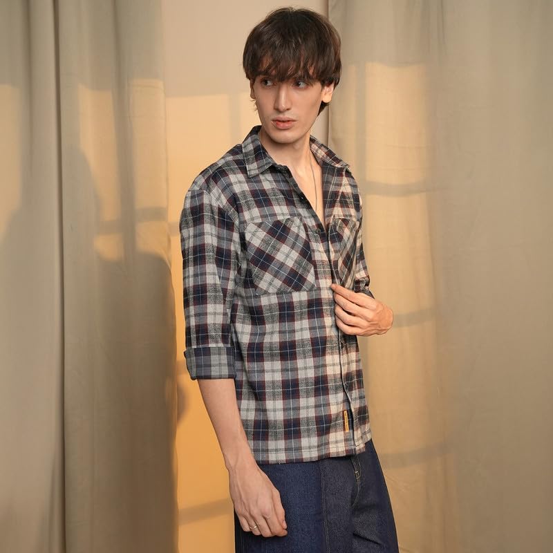 Campus Sutra Mens Navy Blue & Cloud Grey Tartan Plaid Shirt | Casual Wear | Spread Collar | Long Sleeve | Button Closure | Shir