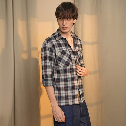 Campus Sutra Mens Navy Blue & Cloud Grey Tartan Plaid Shirt | Casual Wear | Spread Collar | Long Sleeve | Button Closure | Shir