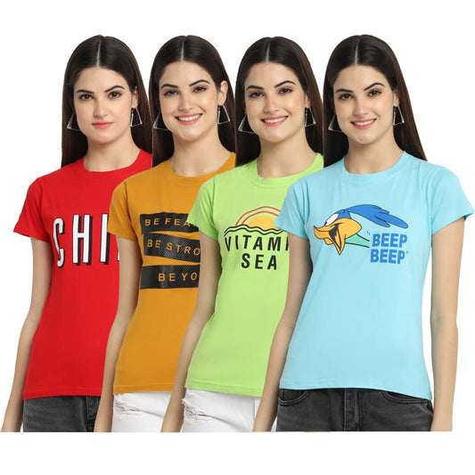Preneum Womens Cotton Regular Fit Latest Graphic Stylish Printed Short Sleeves Casual T-Shirt || Trendy & Styles (Pack 4), Ocea