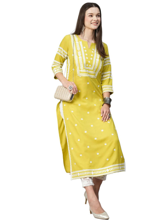 Anni Designer WomenS Cotton Blend Chikankari Embroidered Straight Kurta (Stho-Yellow_4Xl_Yellow_Xxxx-Large)