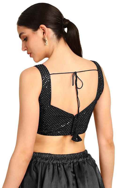 Soch Womens Black Sequinned Sweetheart Neck Georgette Padded Blouse
