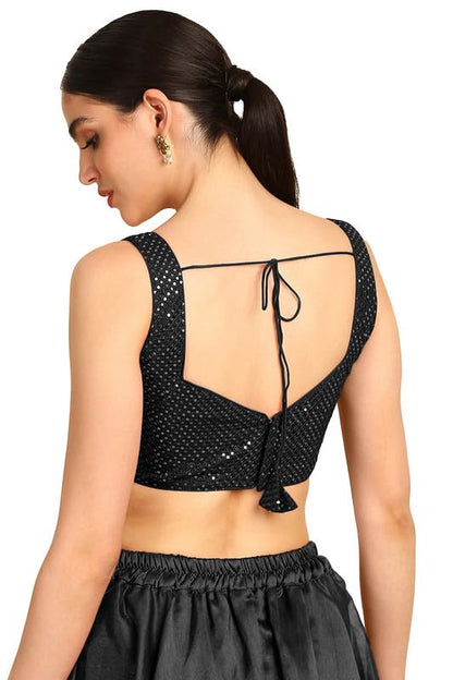Soch Womens Black Sequinned Sweetheart Neck Georgette Padded Blouse