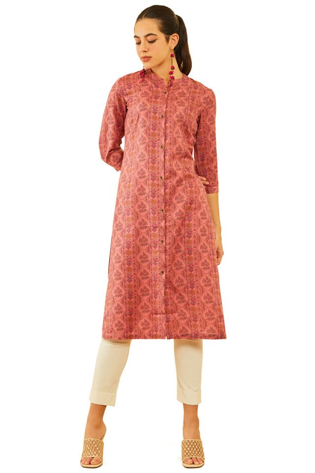 Soch Womens Peach-Coloured Rayon Floral Printed Straight Kurta
