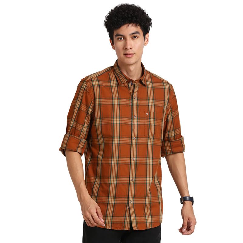 Turtle Men 100% Cotton Brown Checkered Slim Fit Full Sleeve Casual Shirt