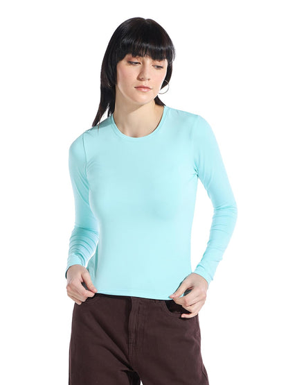 Bewakoof Womens Solid Slim Fit Full Sleeve Round Neck Cotton Lycra Blend Top_646764_Blue_S