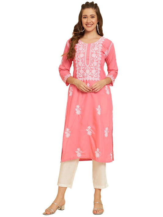 Vairagee WomenS Soft Slub Cotton Straight Cut Round Neck Kurta With Beautiful Lucknowi Chickenkari Work (1571) Pink