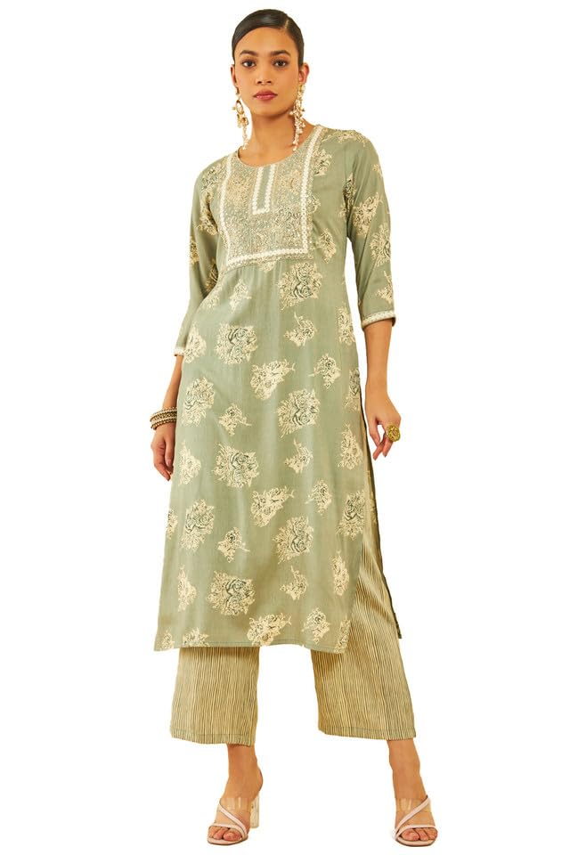 Soch Womens Sap Green Rayon Embroidered Kurta Set With Sequins