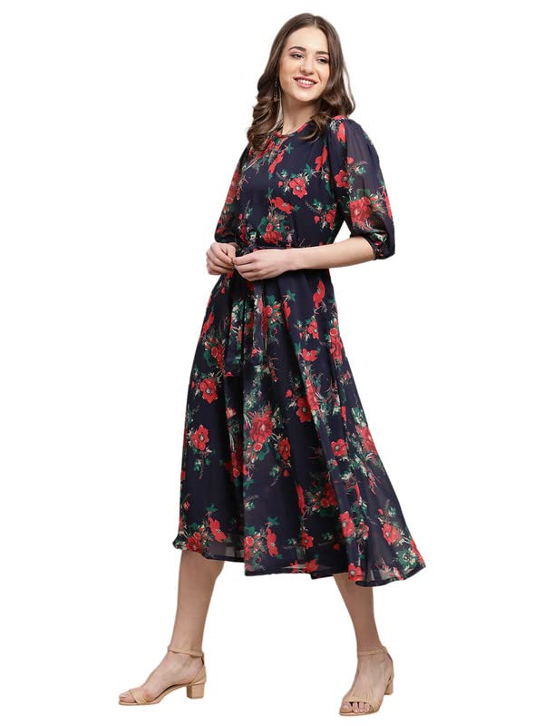 Preneum WomenS Maxi Fit & Flare Latest Style Print Georgette Regular Sleeves Casual Dress |Summer Dress Festival & Occasion Max
