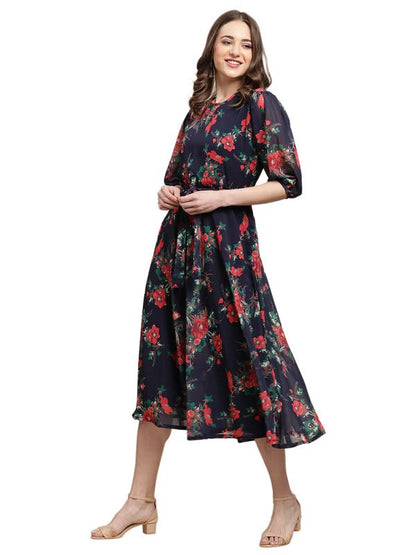 Preneum WomenS Maxi Fit & Flare Latest Style Print Georgette Regular Sleeves Casual Dress |Summer Dress Festival & Occasion Max