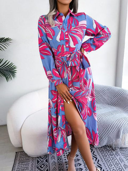Gufrina WomenS Crepe Midi Dress With Full Sleeves Floral Printed Collar Neck Maxi Length Regular Fit And A Line Style Pink