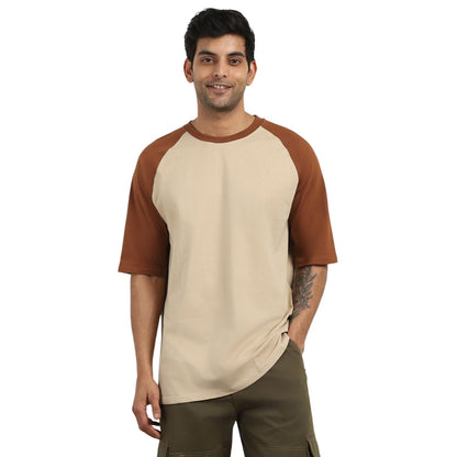 Nobero MenS Colorblock Oversized Fit T-Shirt (1M-Twts-R0103-Bl_Beige