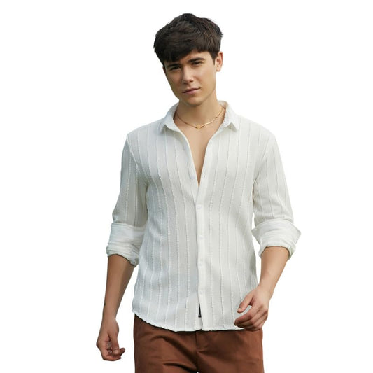 Campus Sutra Mens Daisy White Braille-Stripe Shirt for Casual Wear | Spread Collar | Long Cuffed Sleeves | Button Closure | Shi