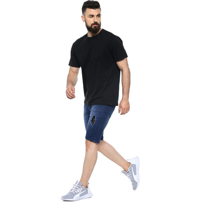 Campus Sutra Mens Denim Shorts for Regular Wear|Blue|Dark Wash|Mild Distress|Slim Fit|Denim Shorts Crafted with Comfort Fit and