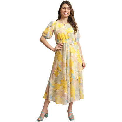 Preneum WomenS Maxi Fit & Flare Print Georgette Regular Sleeves Casual |Summer |Latest Style |Festival & Occasion Maxi Gown(Max