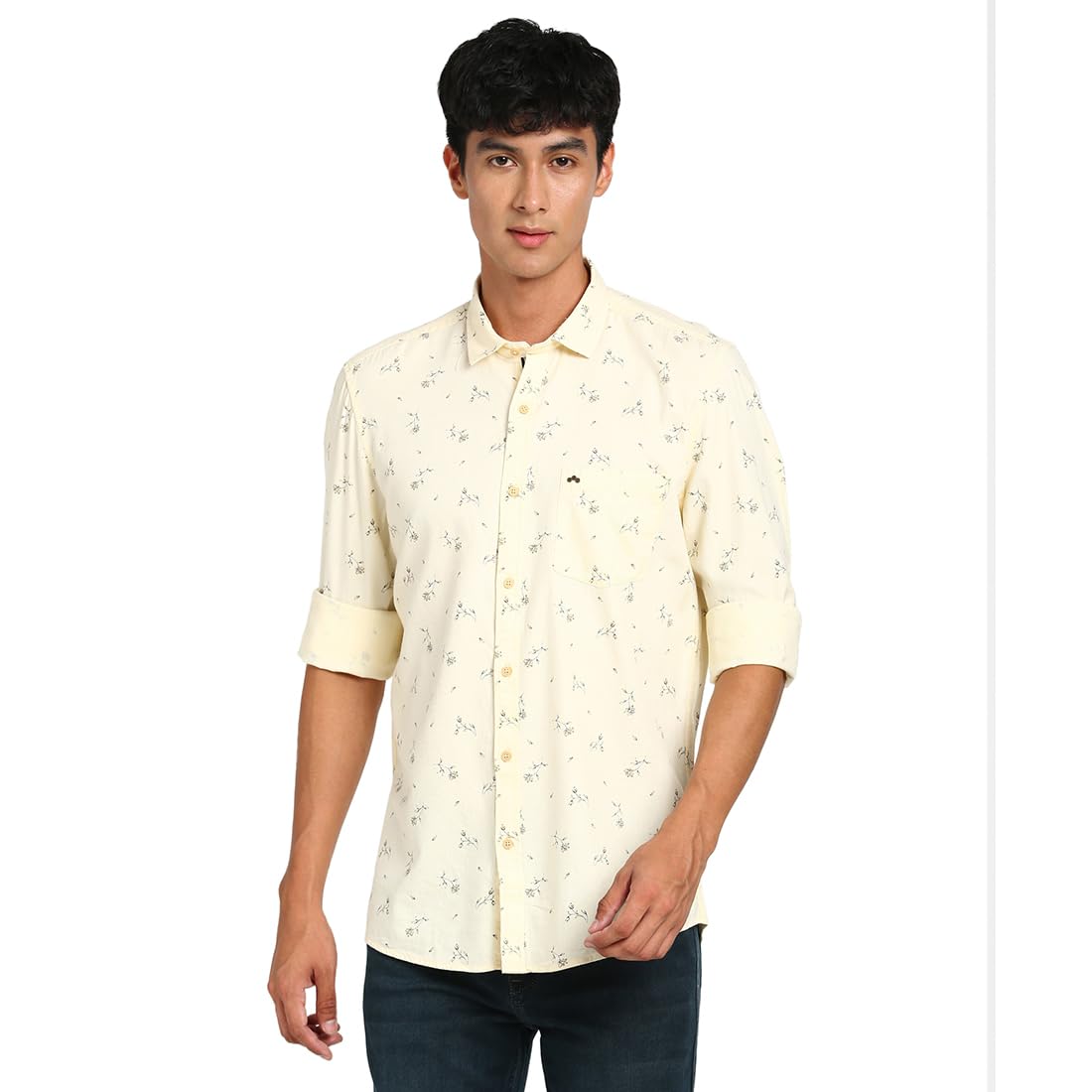 Turtle Men Cotton Tencel Cream Printed Slim Fit Casual Shirt