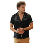 Campus Sutra Mens Midnight Black Solid Satin Shirt | Casual Wear | Cuban Collar | Short Sleeve | Button Closure | Shirt Crafted