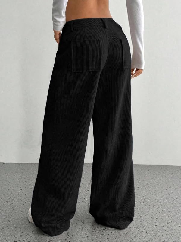 SMOWKLY Womens Aesthetic Cotton-Blend Wide Leg Pants with Pocket || Loose Comfy Elastic Waist Corduroy Textured Casual Work Tro