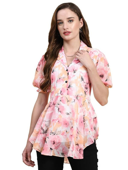 Toochki Womens Pink Georgette Floral Peplum Western Top | Winter Top | Western Top | Top for Women | Latest Women Top | Trendy