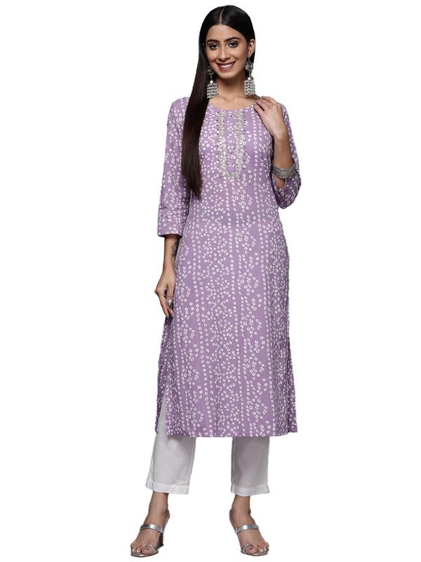 Varanga Lavender Bandhani Print Embroidered Kurta For Women, Round Neck, Traditional Ethnic Wear, Comfortable & Stylish For Casu