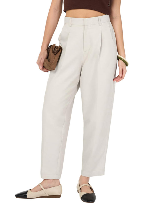 Bewakoof Womens Solid Tapered Fit Polyester Blend Ankle Length Casual Pants_683847_Beige_30
