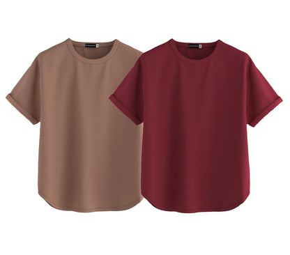 Juneberry Pure 100% Cotton Oversized Loose Baggy Fit Round Neck With Drop Shoulder Cork & Maroon Half Sleeves Boyfriend T-Shirt