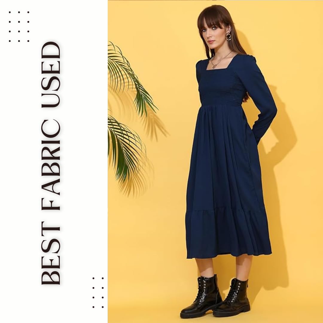 Sheetal Associates WomenS Casual Full Sleeve Crepe Fit & Flare Dress | Comfortable Relaxed Fit Summer Party Dress Dark Blue