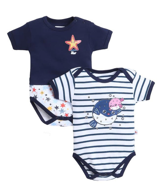 BUMZEE Navy & White Boys Half Sleeves Bodysuit Pack Of 2 Age - 0-3 Months (Peb9494B-nbl.wht)