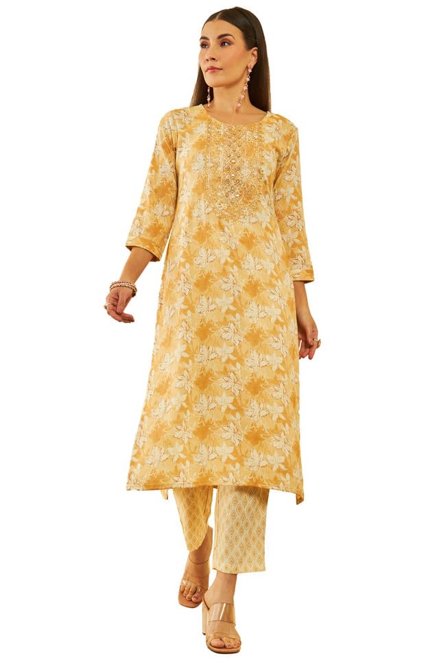 Soch Womens Mustard Rayon Floral Printed Kurta Set With Embroidery Details