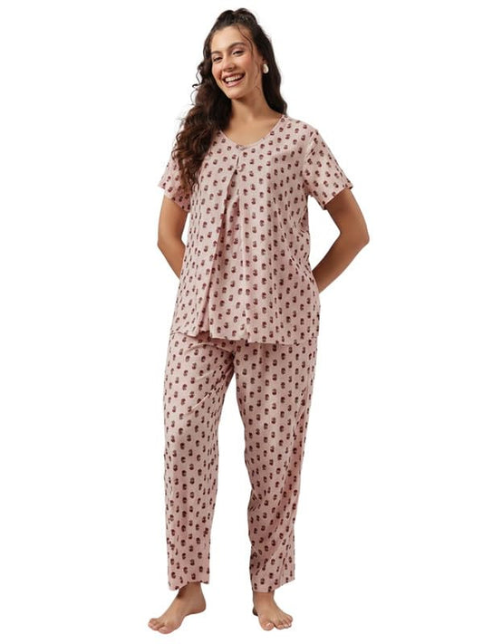 Clovia Womens Rayon Feeding Floral Prin Top & Pyjama (LS0263I22_Pink_S)