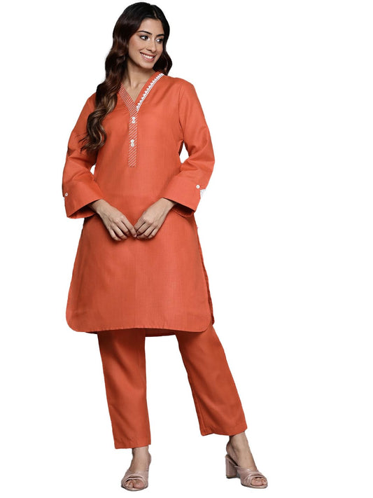 Varanga Women Orange Embroiderey and Lace Detailed Short Kurta with Btoom
