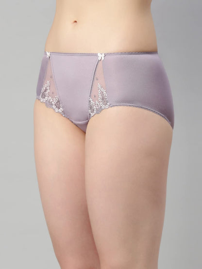 Enamor Womens Mid Waist Full Coverage Hipster Panty with Embroidered Lace Panels and Bows (Pack of 1) - P087(P087-Silver Lilac-
