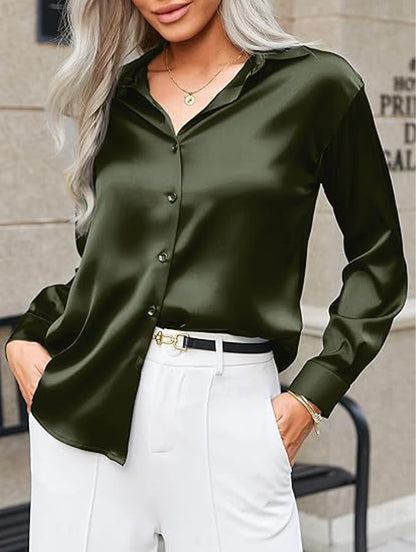 CB-COLEBROOK Womens Soft Satin Silk Button Down Shirts for Women Silky Long Sleeve Work Shirt Dress Blouses Tops (in, Alpha, S,
