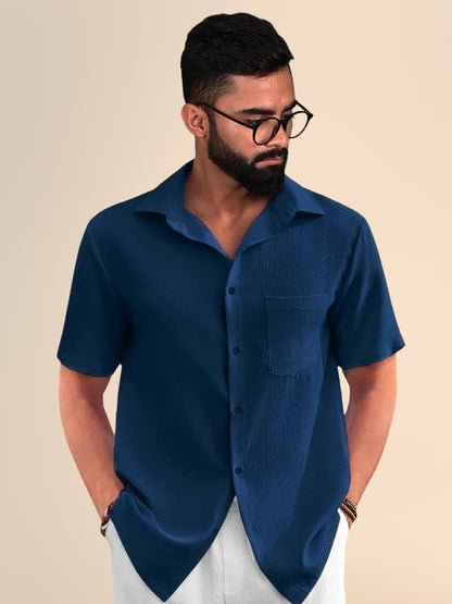 PinkMint Popcorn Shirt for Men ll Textured Shirts for Men ll Stylish Half Sleeve Shirt ll Goa Wear ll Regular Fit Shirt Dark Blu