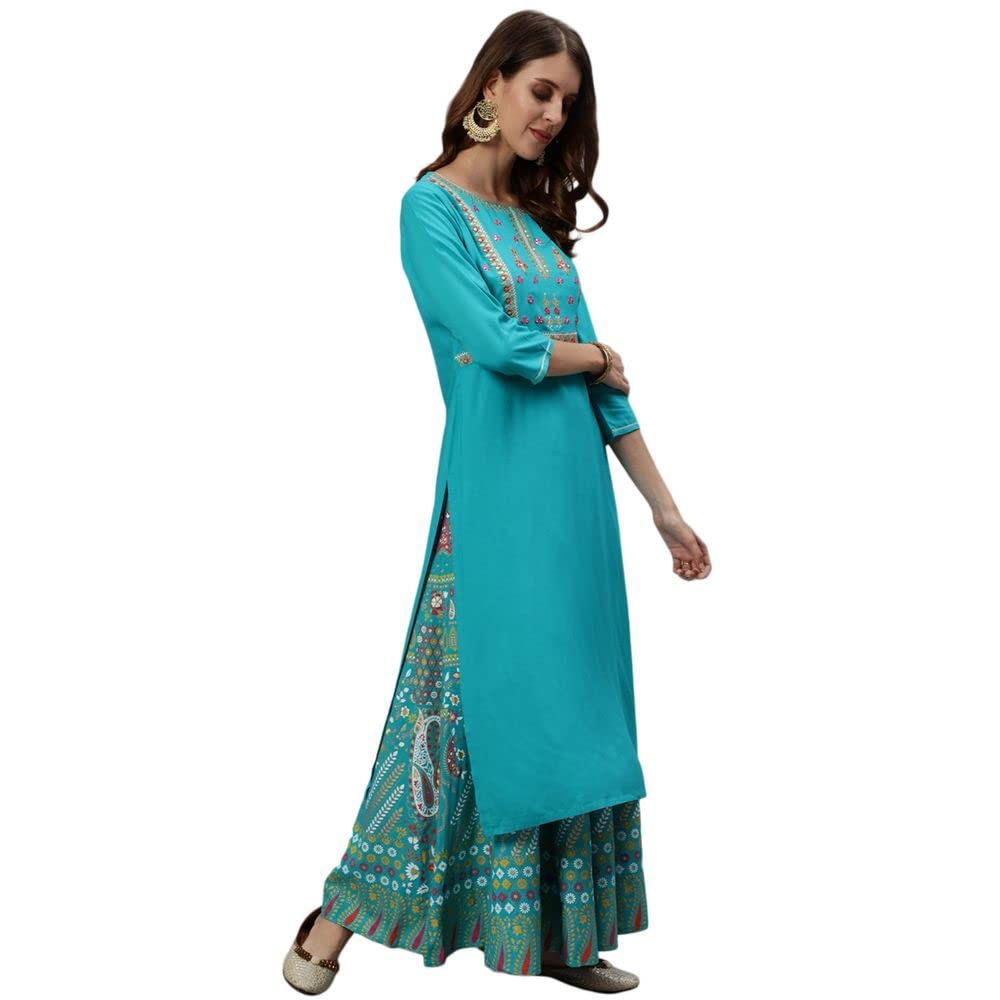 anubhutee Women's Blue Floral Embroidered Sequinned Cotton Straight Kurta Suit Set with Skirt