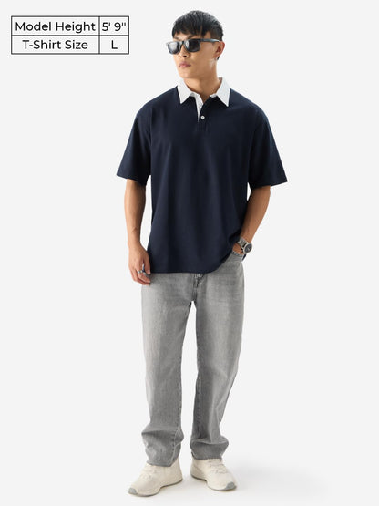 The Souled Store Solids :Navy Blue Men and Boys Short Sleeves Collared Neck Cotton Blend Oversized Polos