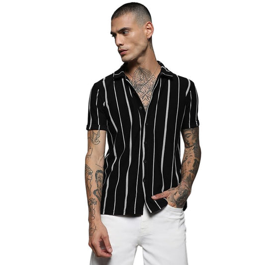 Campus Sutra Mens Black & White Pencil Striped Shirt for Casual Wear | Spread Collar | Short Sleeve | Button Closure | Cotton S
