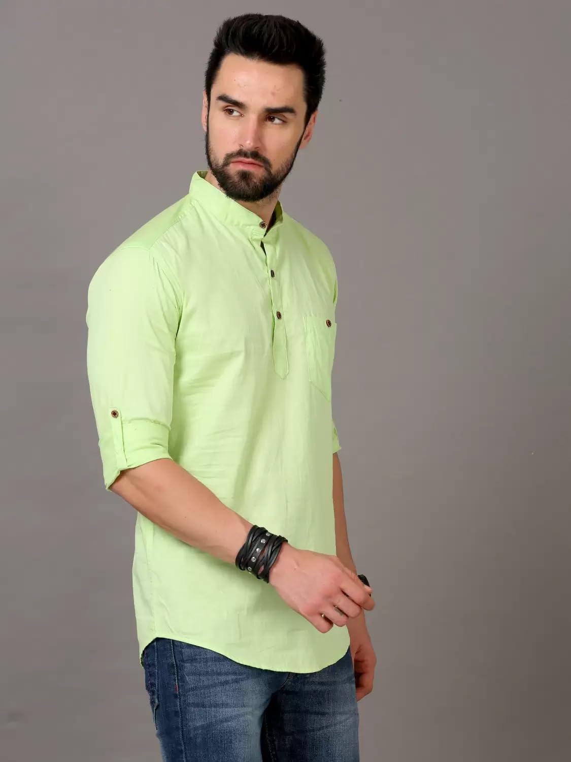 Deemoon MenS Cotton Blend Full Sleeve Short Kurta With Mandarin Collar Crafted From A Premium Cotton Blend Pista