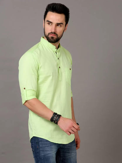 Deemoon MenS Cotton Blend Full Sleeve Short Kurta With Mandarin Collar Crafted From A Premium Cotton Blend Pista