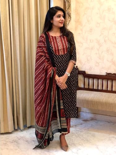 Pinkmint Printed Round Neck Kurta & Pant with Dupatta Set ll Traditional Kurta Set