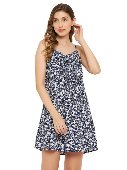 Clovia Women'S Crepe Pretty Florals Resort Wear Dress In Blue (Rw0068P08_Blue_Xl)