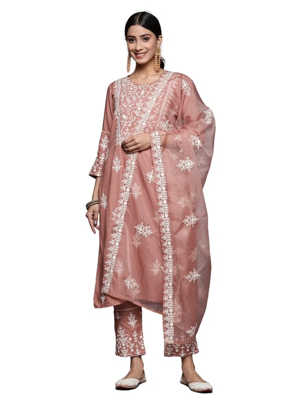 Varanga Women Mauve Embroidered Kurta Paired With Tonal Trouser And Dupatta  Elegant & Comfortable Ethnic Wear For Women, Perfec