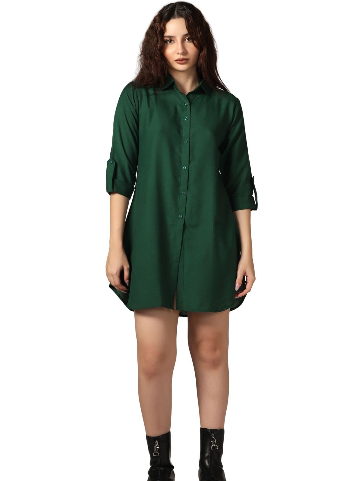 Greciilooks Western Dress For Women| Shirt Collar Solid A-Line Dress| Plus Roll Tab Sleeve Shirt Dress| WomenS Comfort Summer D