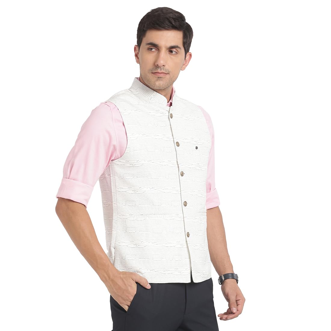 Turtle Men Poly Viscose White Printed Party Nehru Jacket