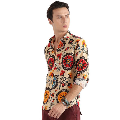 Campus Sutra Mens Multicolour Ethnic Floral Shirt for Casual Wear | Spread Collar | Long Sleeve | Button Closure | Cotton Shirt