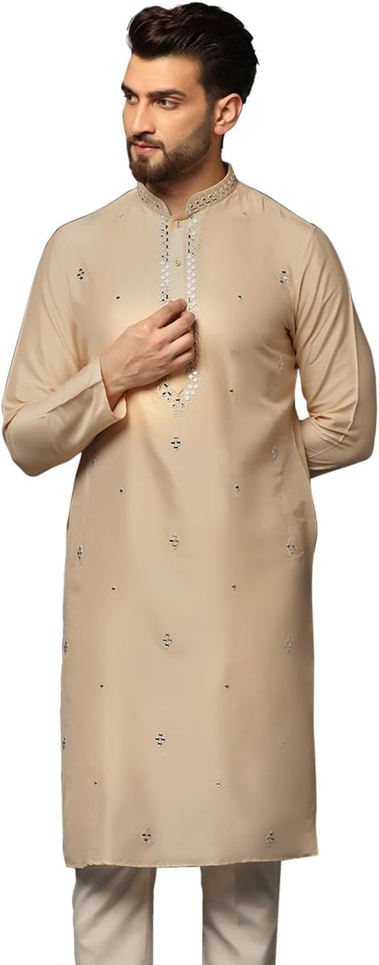 Kisah Cotton Beige Kurta For Men, Full Sleaves, Knee Length, Straight, Regular Fit, Mandarin Collar, Geometric Embroidered Mirro