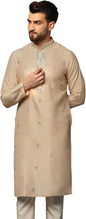 Kisah Cotton Beige Kurta For Men, Full Sleaves, Knee Length, Straight, Regular Fit, Mandarin Collar, Geometric Embroidered Mirro