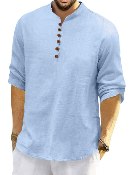Macsivo MenS Cotton Blend Short Kurta With Solid Mandarin Collared Full Sleeve Curved Hem Length | Kurta For Men Stylish Sky Bl