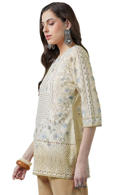 Soch Womens Cream Cotton Blend Notch Neck Schiffli Tunic