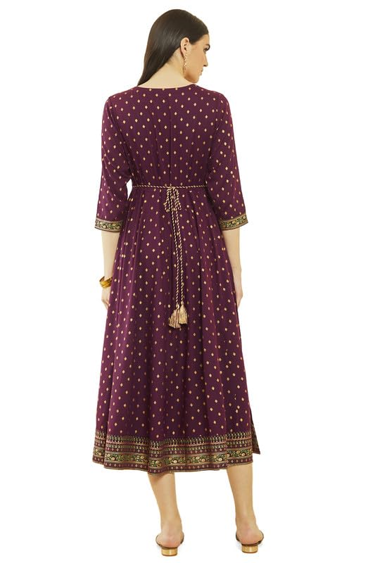 Soch Womens Wine Rayon Botanical Print Dress Kurta With Embroidery On Yoke