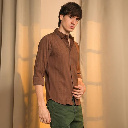 Campus Sutra Mens Chocolate Brown Mesh-Textured Knit Shirt | Casual Wear | Spread Collar | Long Sleeve | Button Closure | Shirt